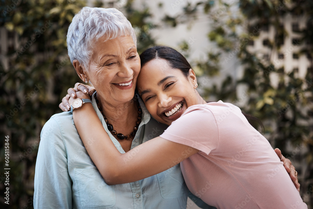 Happy, hug and portrait of a mother and woman in a garden on mothers day with love and gratitude. Smile, family and an adult daughter hugging a senior mom in a backyard or park for happiness